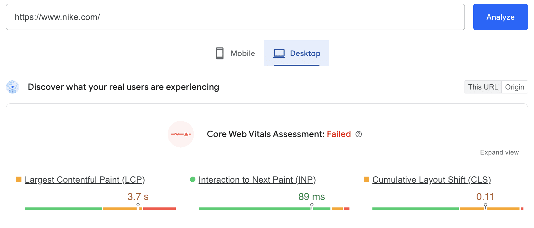 Screenshot of a web performance tool showing www.nike.com failing Core Web Vitals Assessment for desktop, with issues in LCP (3.7s), INP (89ms), and CLS (0.11).