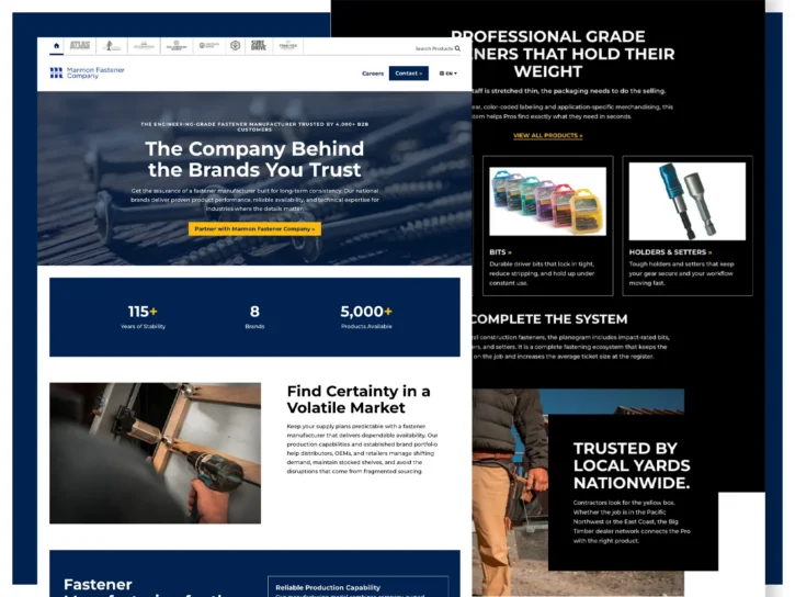 A website layout for a fastener company featuring company information, product images, statistics, and customer testimonials on a dark and white background.