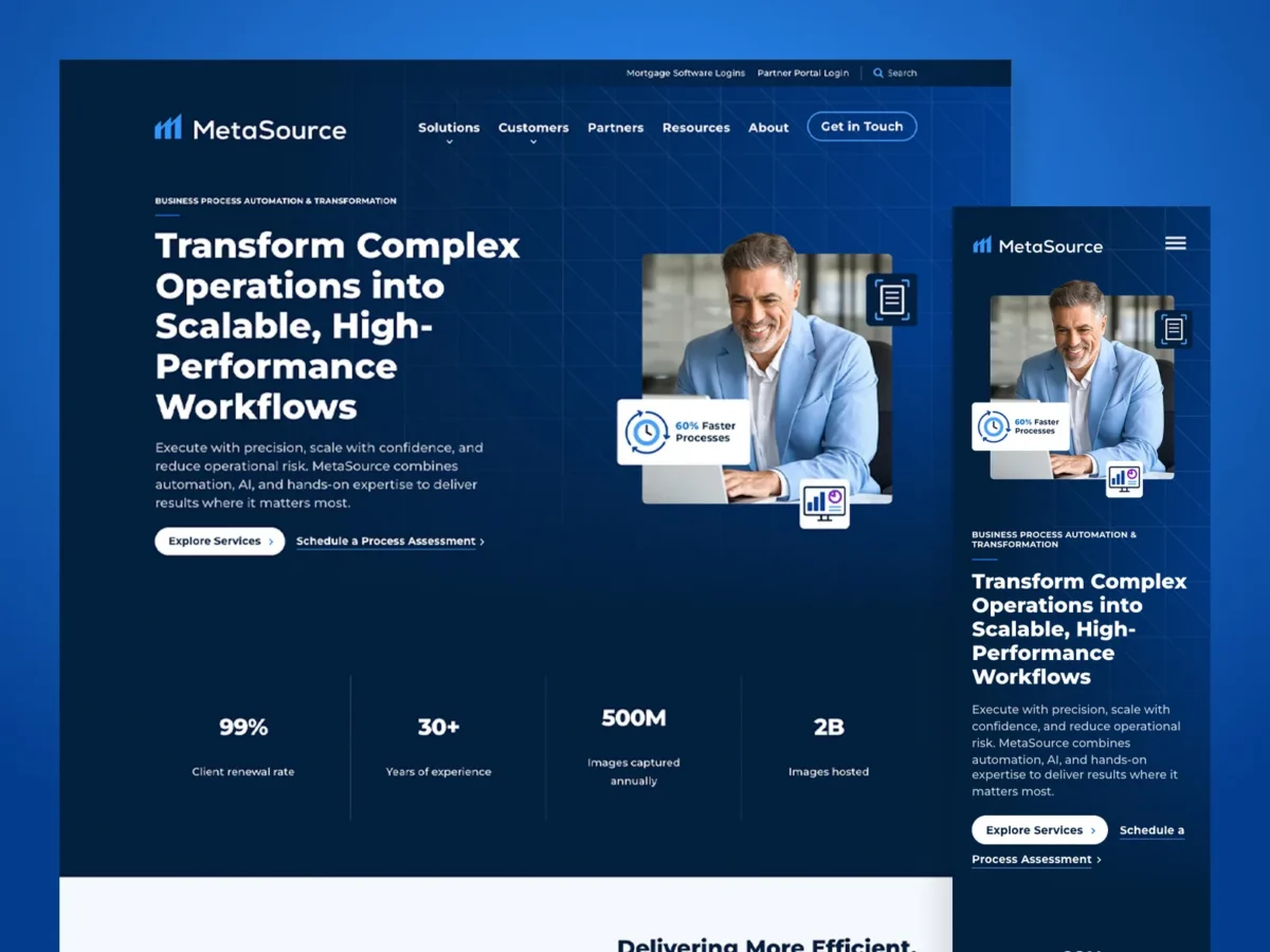 A business website homepage features a man in a suit using a laptop, with headlines about scalable workflow solutions and statistics on performance metrics.