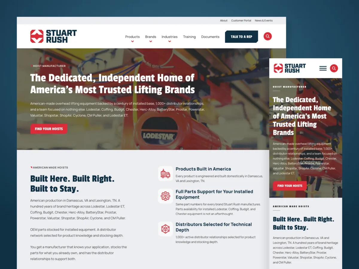 Screenshot of the Stuart Rush website on desktop and mobile, showing a red and white design with navigation menus, company logo, and headline about trusted lifting brands.
