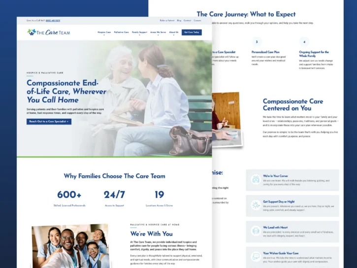 A website homepage for The Care Team features smiling people, key service statistics, care information, and navigation menus for end-of-life and home care services.