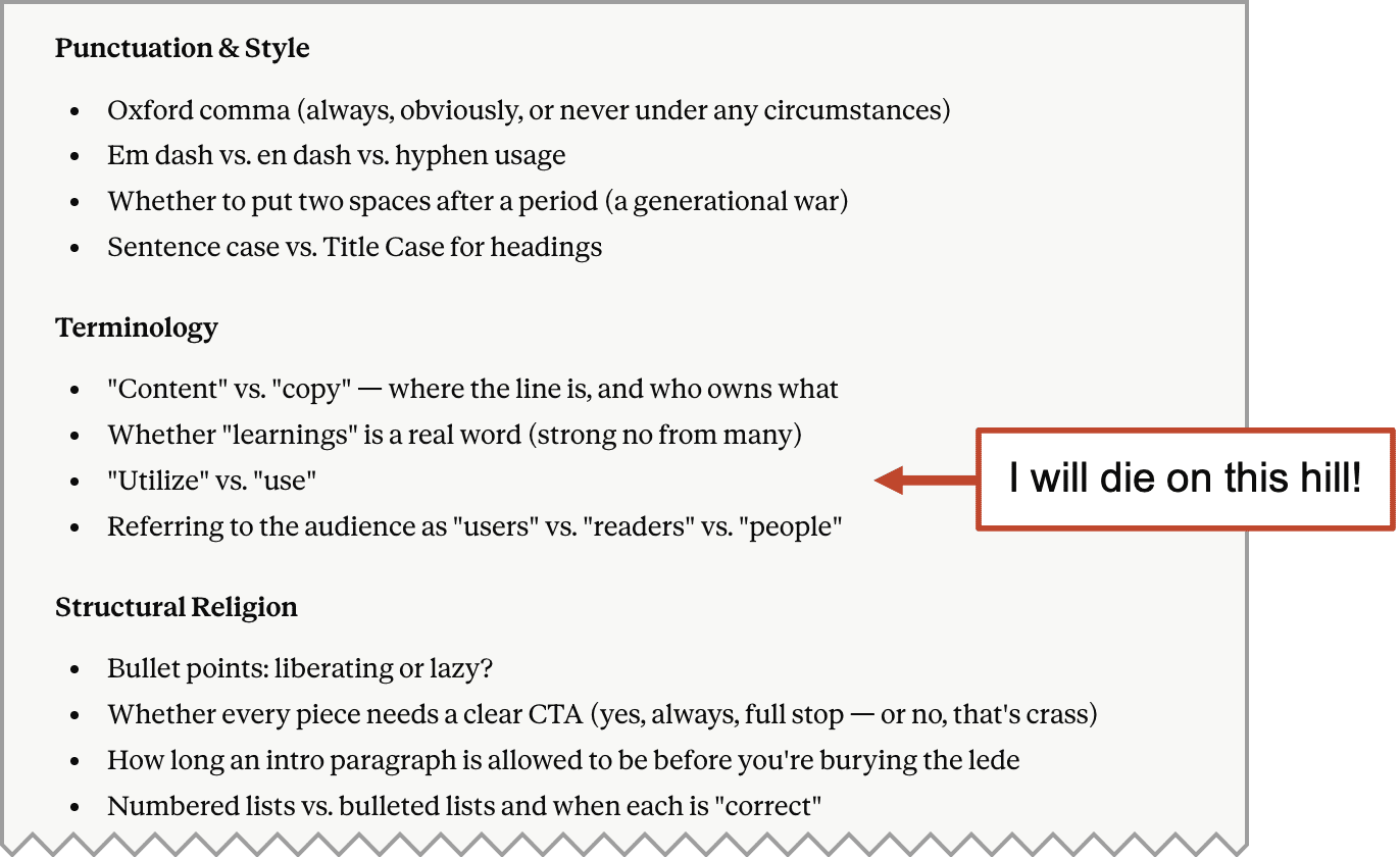 A screenshot of writing style guidelines with a red arrow pointing to "Utilize vs. use" and a note saying, "I will die on this hill!.