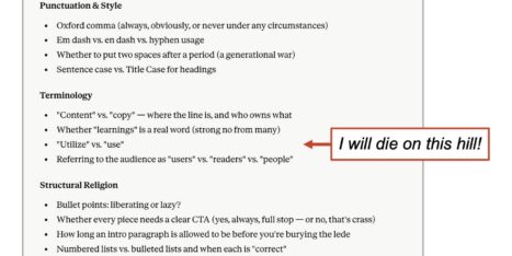 A chart outlines editorial guidelines on punctuation, terminology, and structure, with a large red arrow pointing to the phrase "I will die on this hill!" next to a specific bullet point.