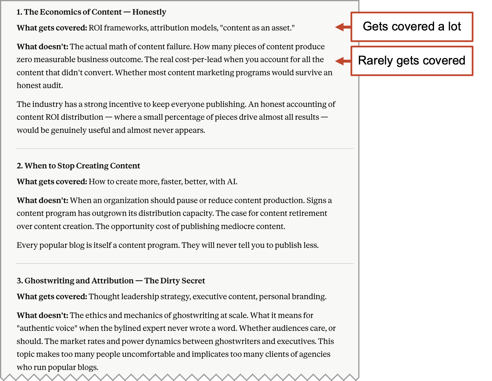 A chart listing content topics with "Gets covered a lot" and "Rarely gets covered" arrows highlighting coverage emphasis on common vs. less-discussed subject areas.