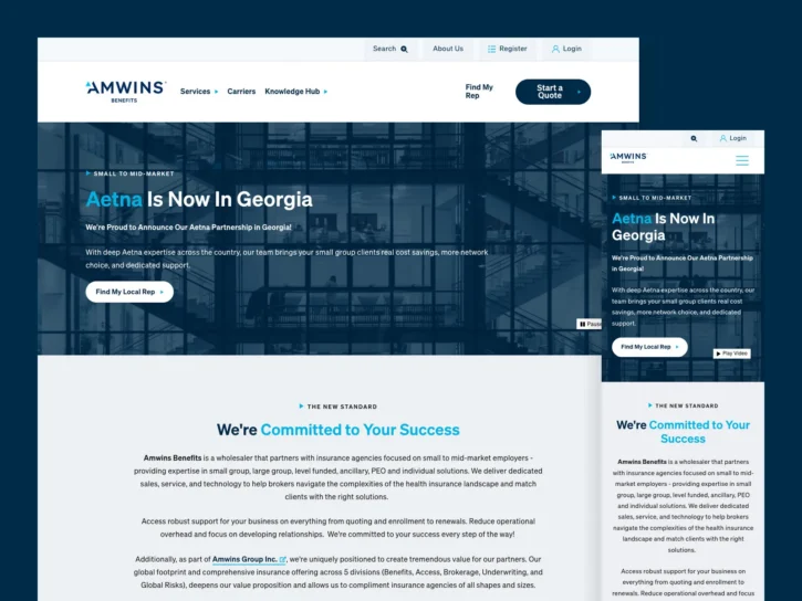 Amwins website page announces “Aetna Is Now In Georgia,” featuring headings, navigation menu, and text about insurance services. Desktop and mobile layouts are shown side by side.