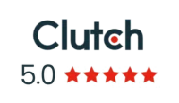 Clutch logo with a 5.0 rating and five red stars.