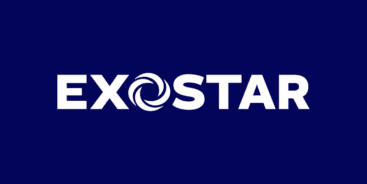 Exostar logo with a stylized circular icon replacing the letter O, in white text on a navy blue background.